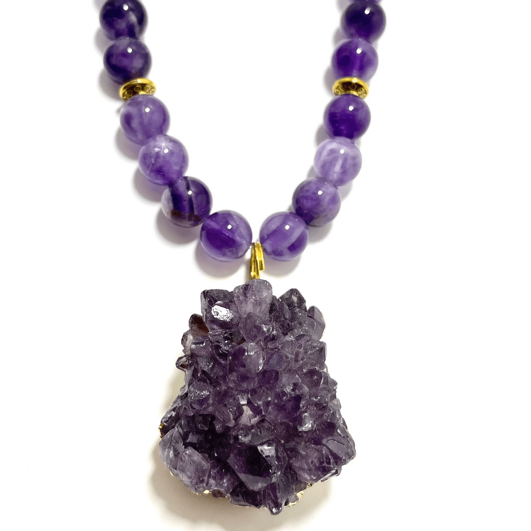 💜 24” Amethyst Geode Necklace Adorned with 8mm Amethyst Beads — photo 1