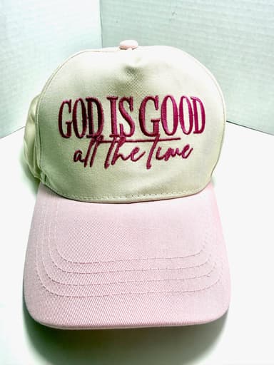 God Is Good All the Time White & Pink Adjustable Trucker Hat | Christian Mesh Snapback Hat for Women | Faith-Based Gift | Religious Baseball Cap