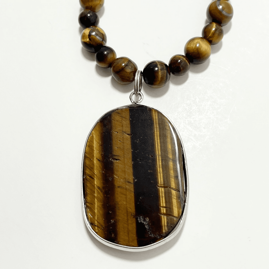 🐯✨ Bold Tiger’s Eye Necklace – 25” Oval Pendant w/ 8mm Tiger’s Eye Beads — photo 1