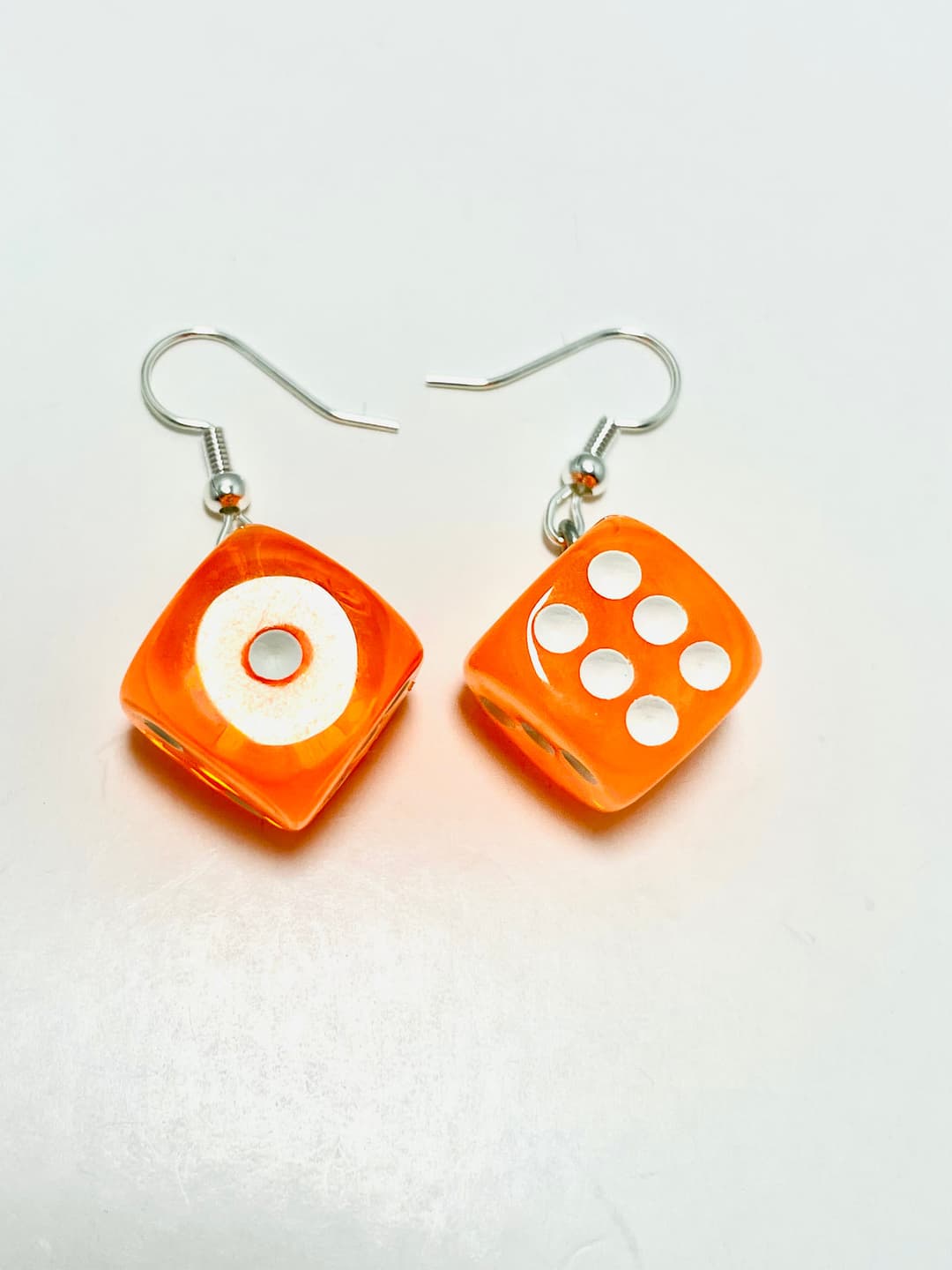 Bright Orange Resin Dice Earrings with Stainless Steel Hooks — photo 1