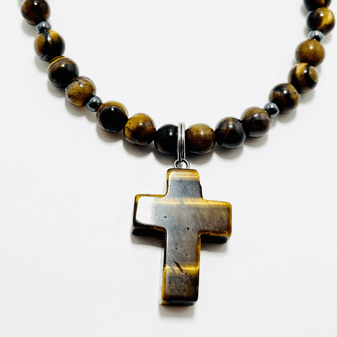 ✝️ Faithfully Rooted: 18.5" 6mm Tiger Eye & Hematite Cross Necklace — photo 1