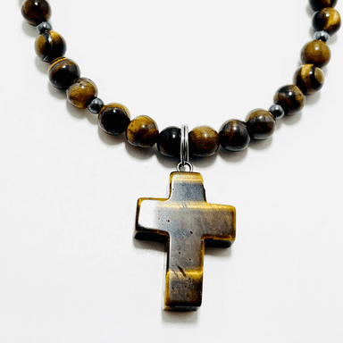 ✝️ Faithfully Rooted: 18.5" 6mm Tiger Eye & Hematite Cross Necklace