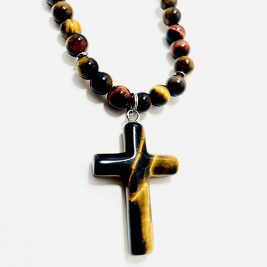 ✝️ Faithfully Rooted: 22" Red & Brown Tiger’s Eye Cross Necklace