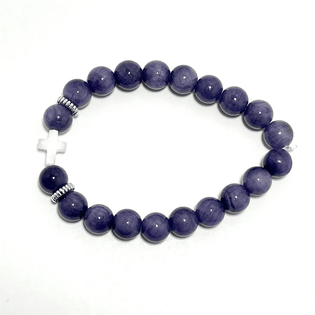 ✝️ Faithfully Rooted: 8mm Angelite & Shell Cross Bracelet — photo 1