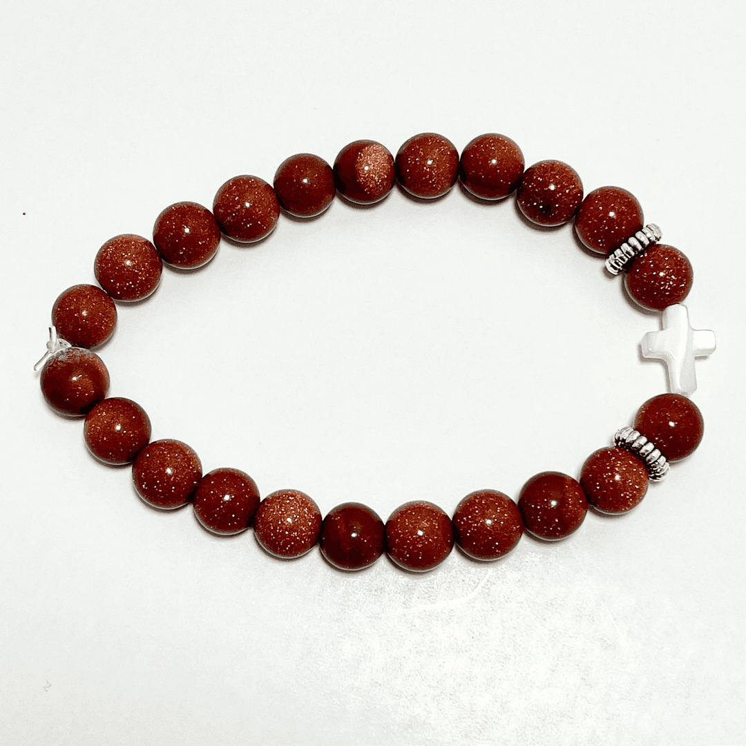 ✝️ Faithfully Rooted: 8mm Goldstone & Shell Cross Bracelet — photo 1