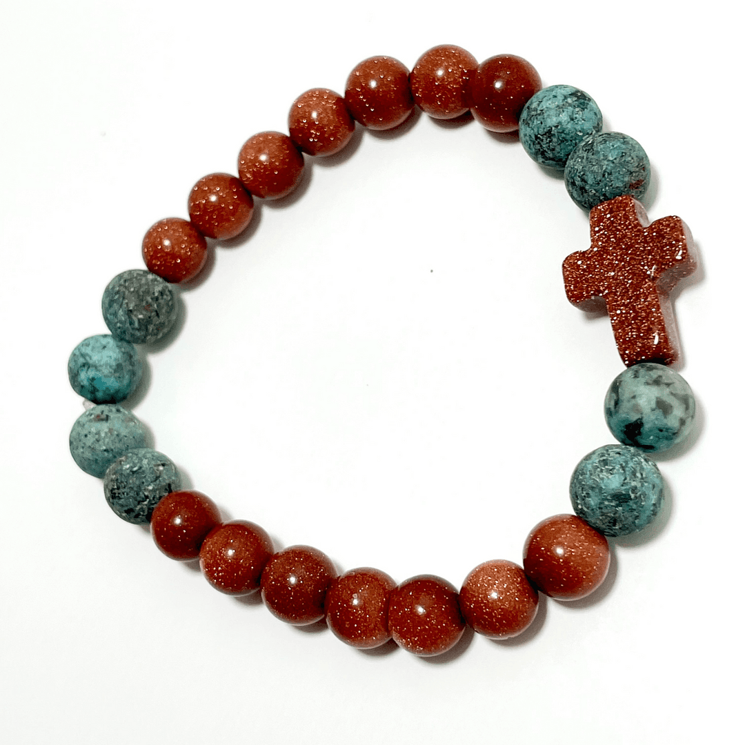 ✝️ Faithfully Rooted: 8mm Red Goldstone & Matted African Turquoise Cross Bracelet — photo 1