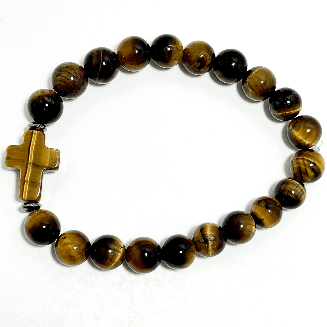 ✝️ Faithfully Rooted: 8mm Tiger’s Eye Bracelet with Stone Cross — photo 1