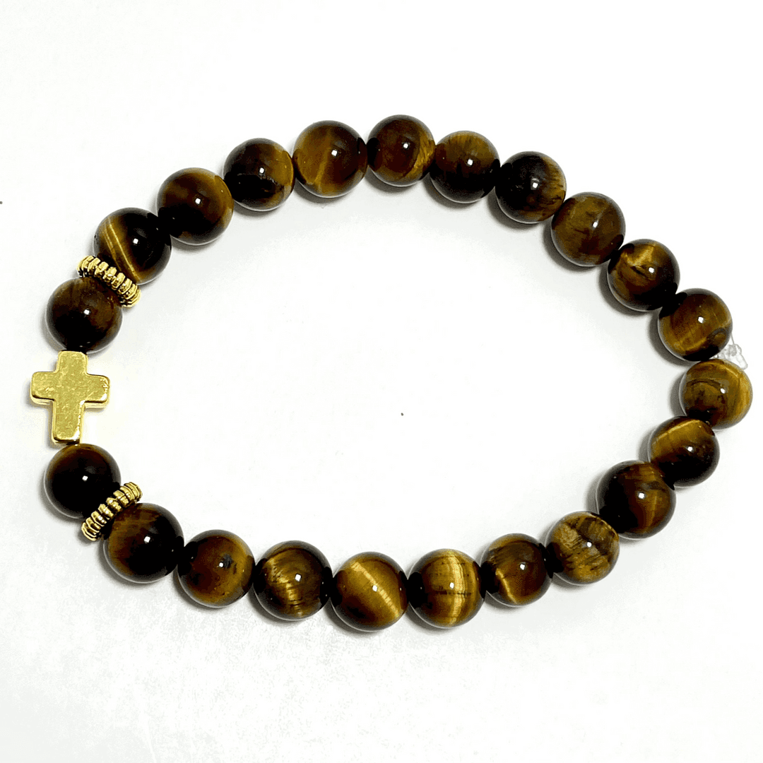 ✝️ Faithfully Rooted: 8mm Tiger’s Eye Bracelet with Gold Cross — photo 1