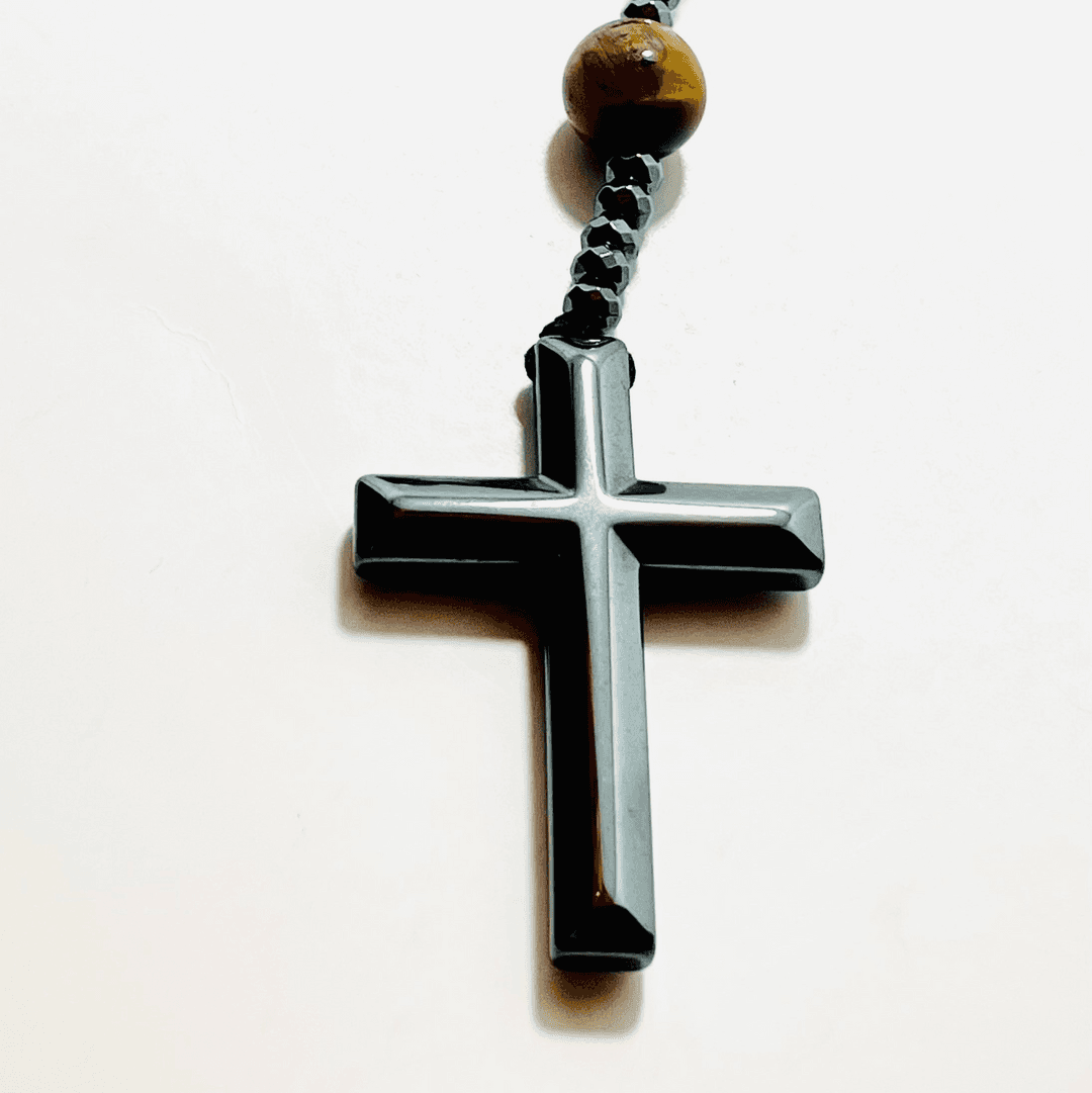 🕊️ Faithfully Rooted: Tiger’s Eye & Lava Stone Mala with Hematite Cross — photo 1