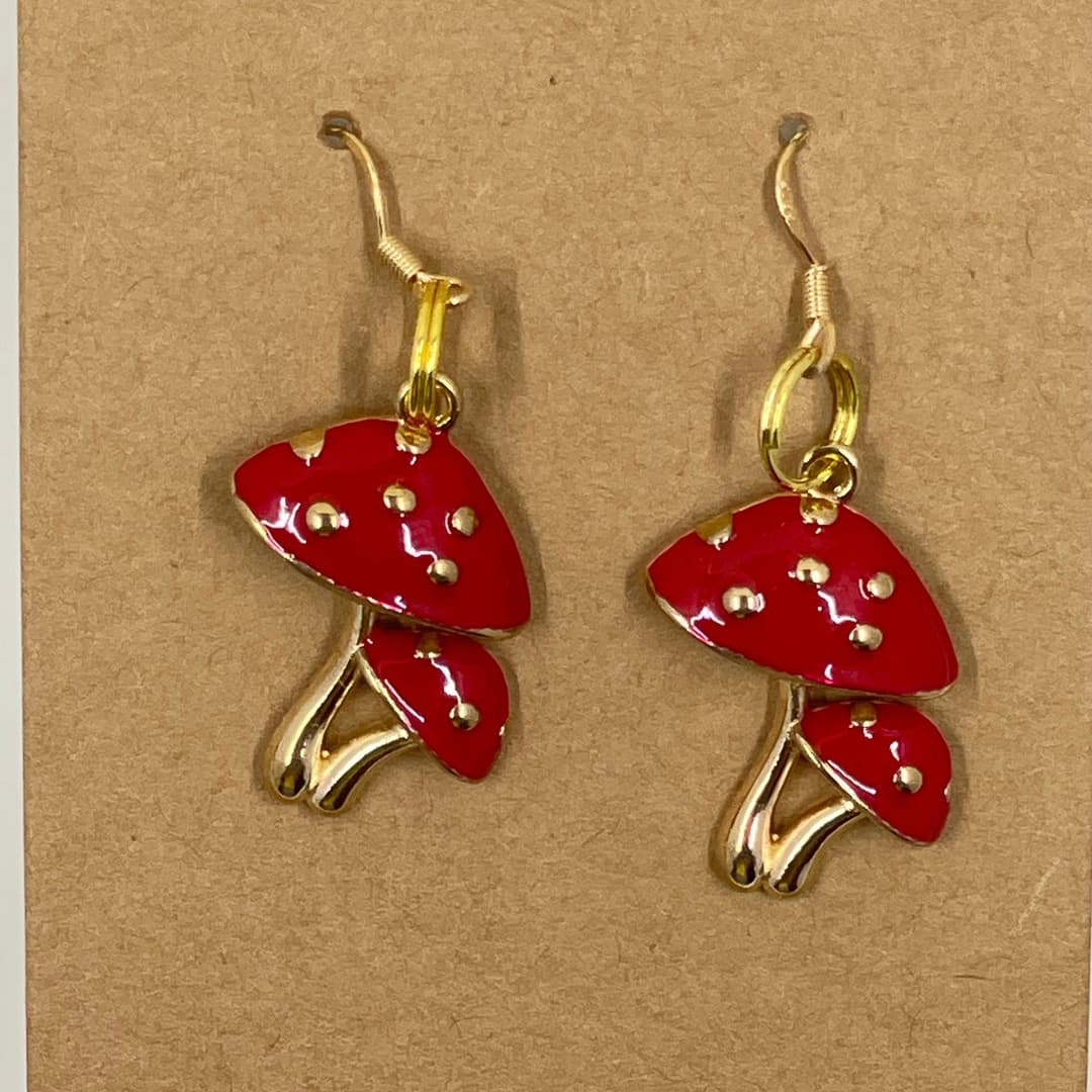 🍄✨ Gold Coated Stainless Steel Red Mushroom Dangle Earrings – Whimsical & Bold