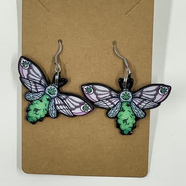 🦋🌿 High Vibes Moth Earrings – Acrylic Weed Leaf Dangle Statement