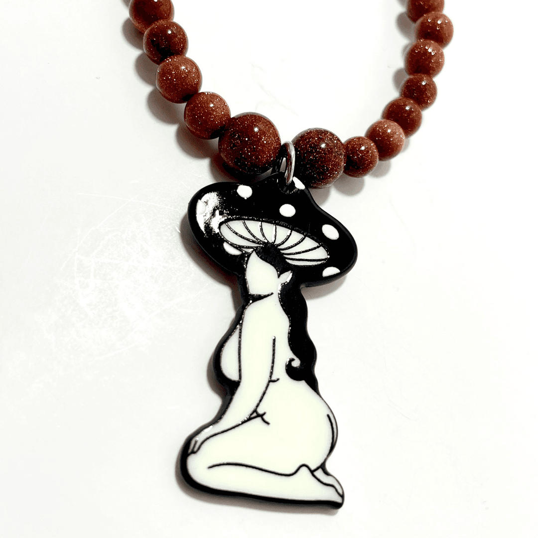 🍄✨ Mushroom Babe Necklace – 24.5” Resin Mushroom Pendant w/ Goldstone Beads — photo 1