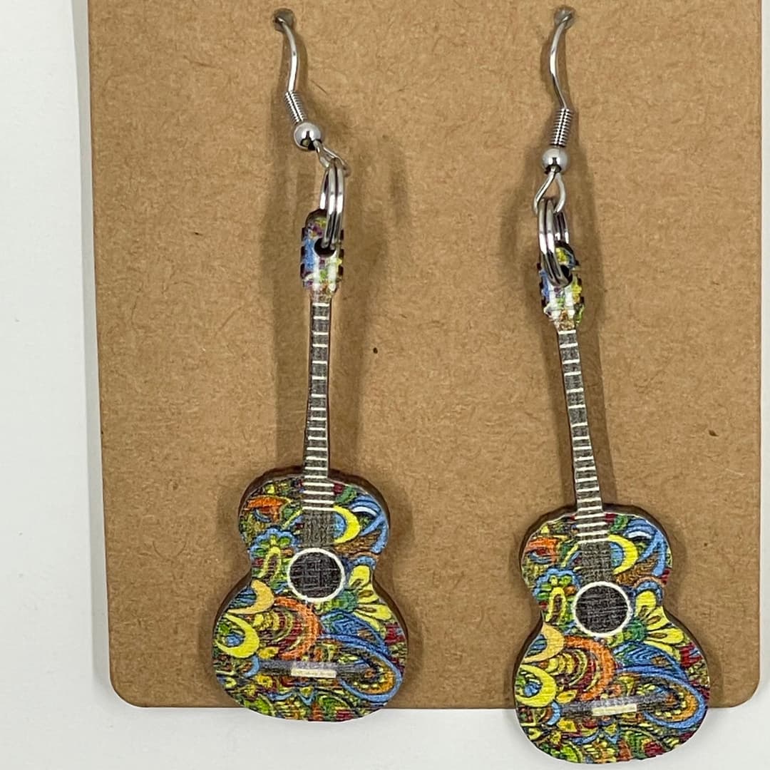 πΆπ Psychedelic Wooden Ukulele Dangle Earrings β Vibrant Boho Vibes