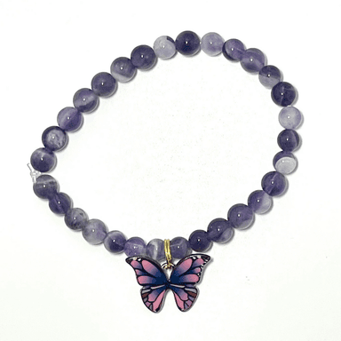 🦋💜 Stretchy 6mm Amethyst Bracelet with Butterfly Charm