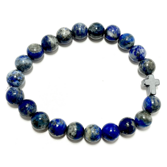 ✝️ Faithfully Rooted: 8mm Lapis Lazuli Bracelet with Hematite Cross