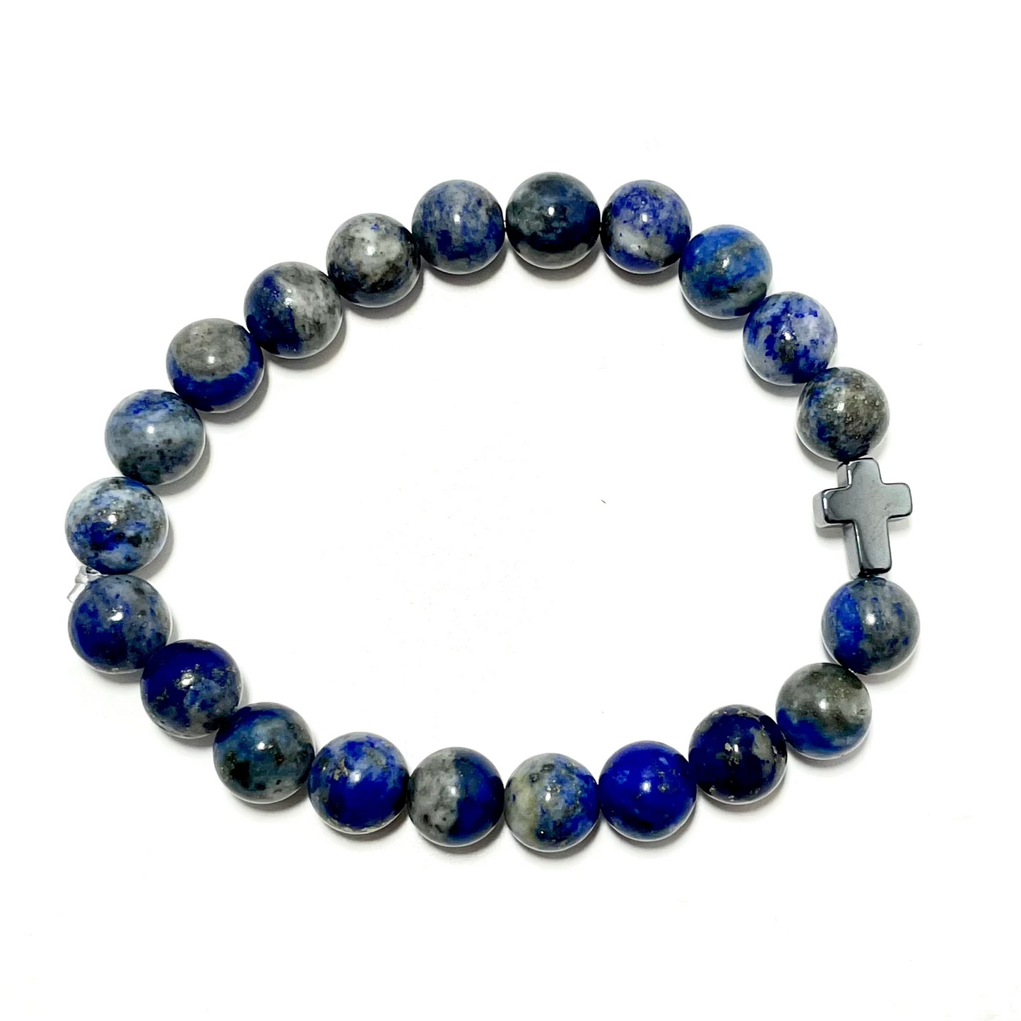 ✝️ Faithfully Rooted: 8mm Lapis Lazuli Bracelet with Hematite Cross