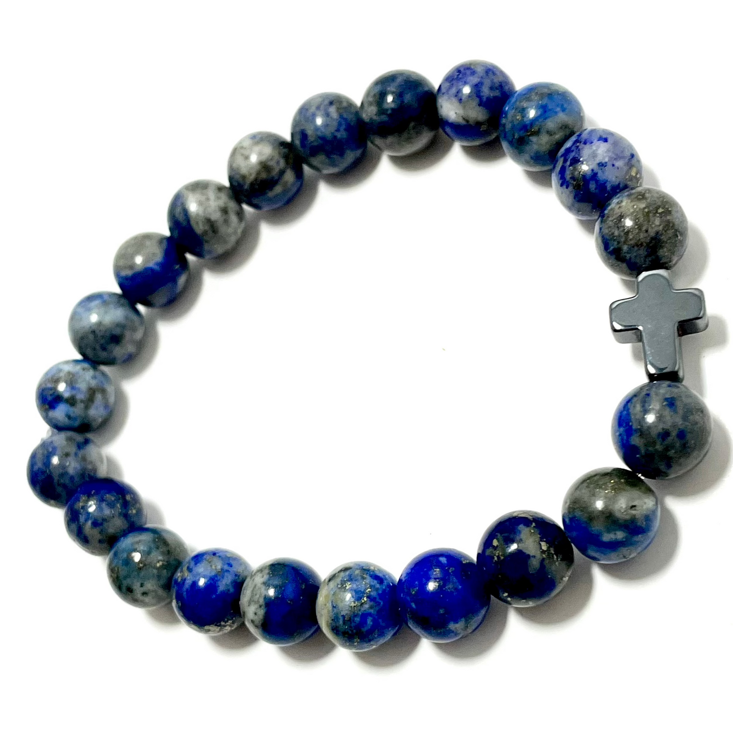 ✝️ Faithfully Rooted: 8mm Lapis Lazuli Bracelet with Hematite Cross