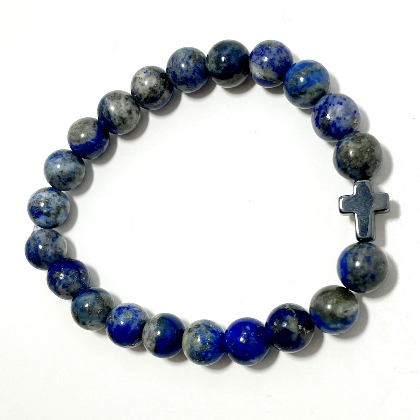 ✝️ Faithfully Rooted: 8mm Lapis Lazuli Bracelet with Hematite Cross