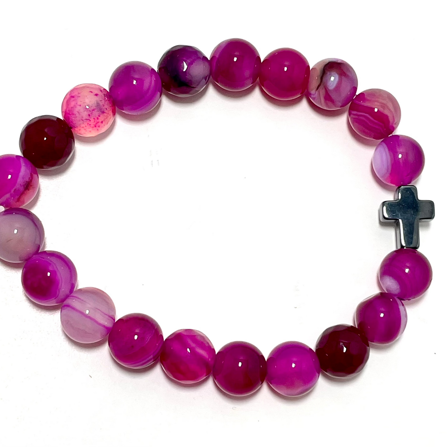 ✝️ Faithfully Rooted: 8mm Pink Agate Bracelet with Hematite Cross