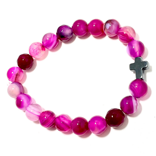 ✝️ Faithfully Rooted: 8mm Pink Agate Bracelet with Hematite Cross