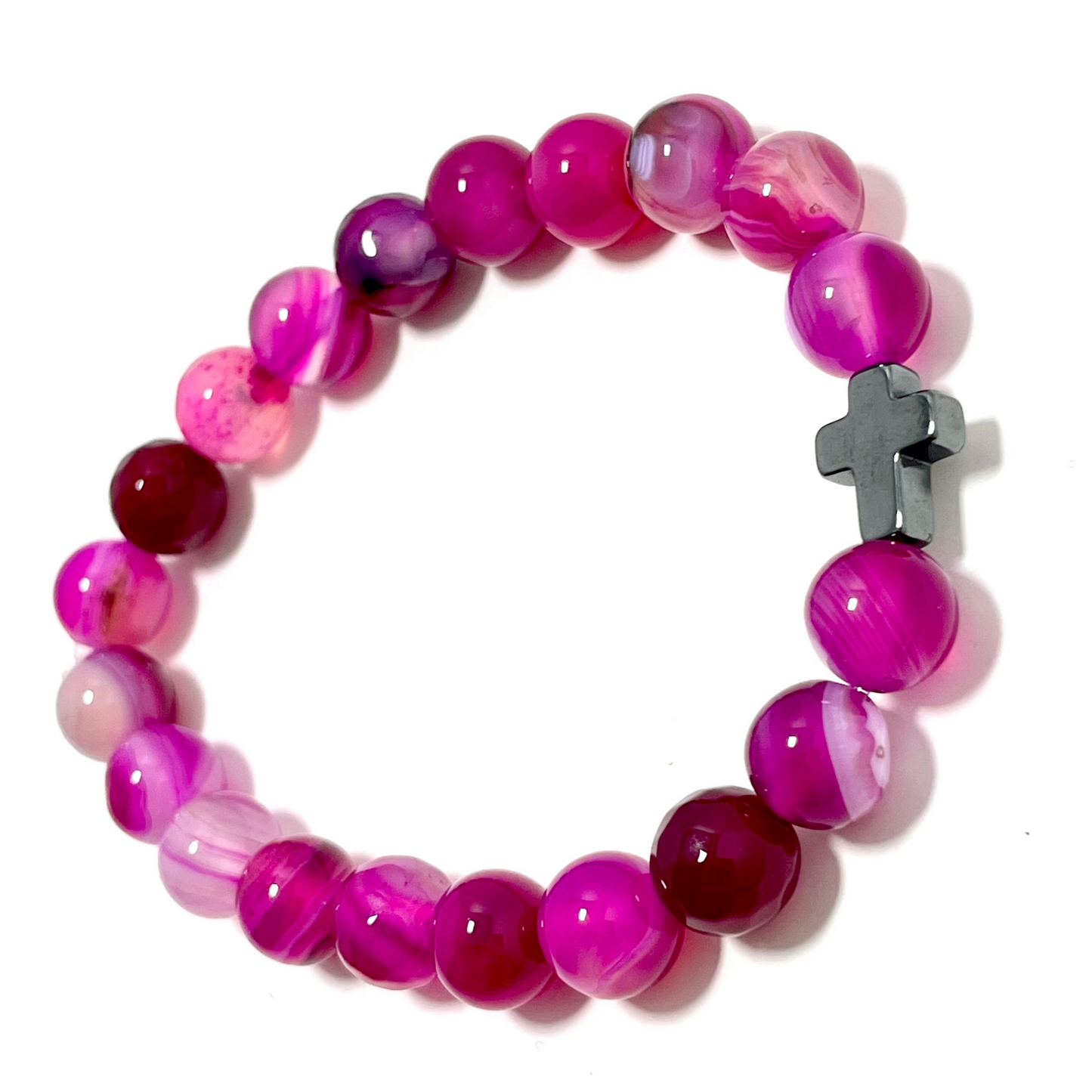 ✝️ Faithfully Rooted: 8mm Pink Agate Bracelet with Hematite Cross