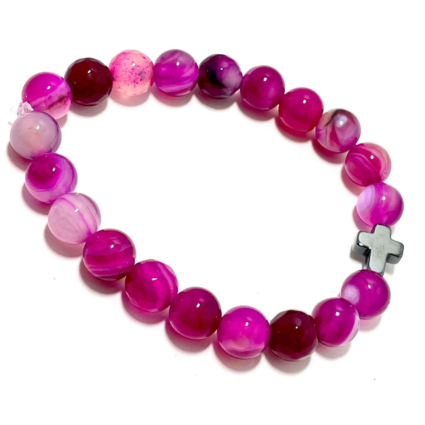 ✝️ Faithfully Rooted: 8mm Pink Agate Bracelet with Hematite Cross