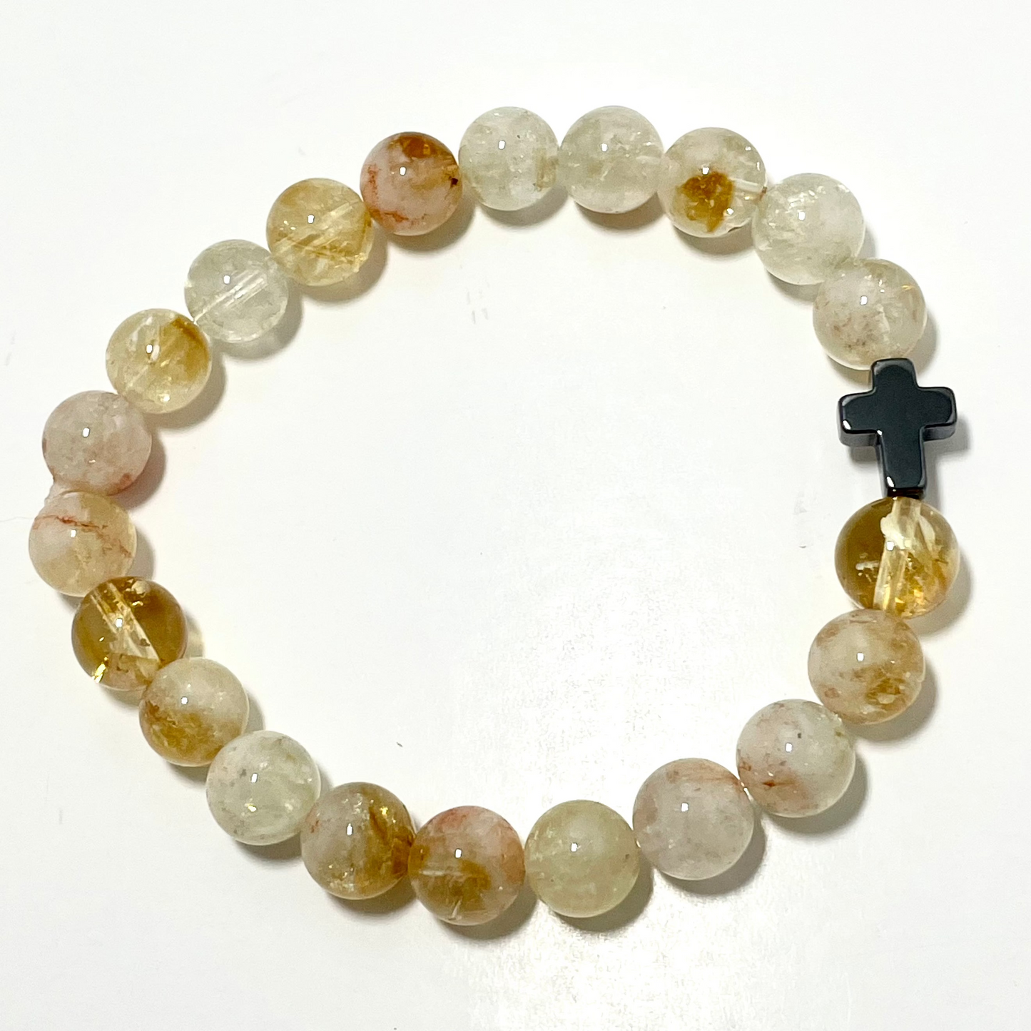 ✝️ Faithfully Rooted: 8mm Citrine Bracelet with Hematite Cross