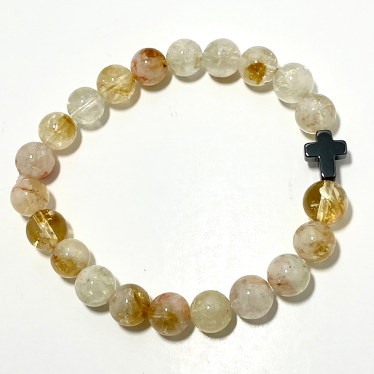 ✝️ Faithfully Rooted: 8mm Citrine Bracelet with Hematite Cross