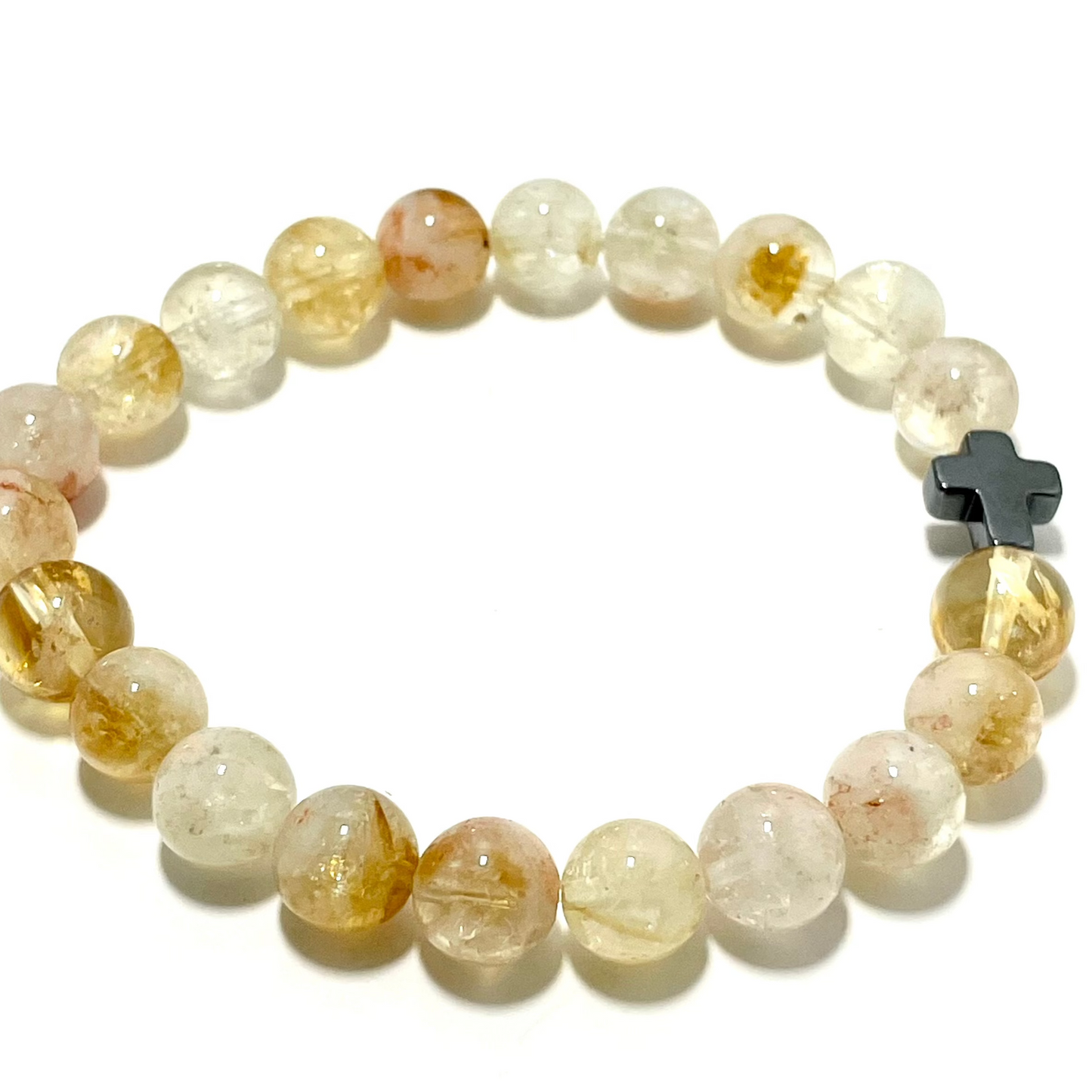 ✝️ Faithfully Rooted: 8mm Citrine Bracelet with Hematite Cross