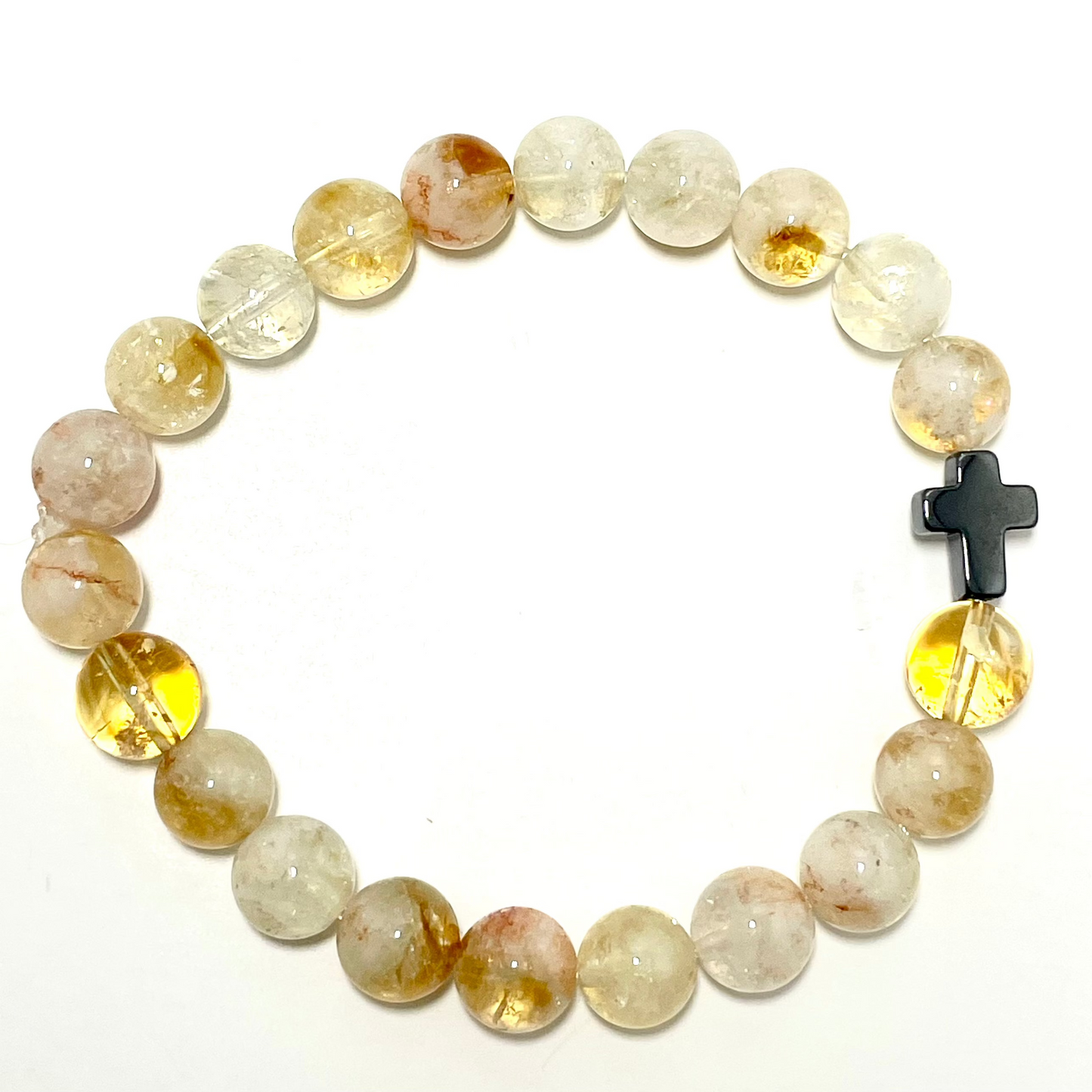 ✝️ Faithfully Rooted: 8mm Citrine Bracelet with Hematite Cross