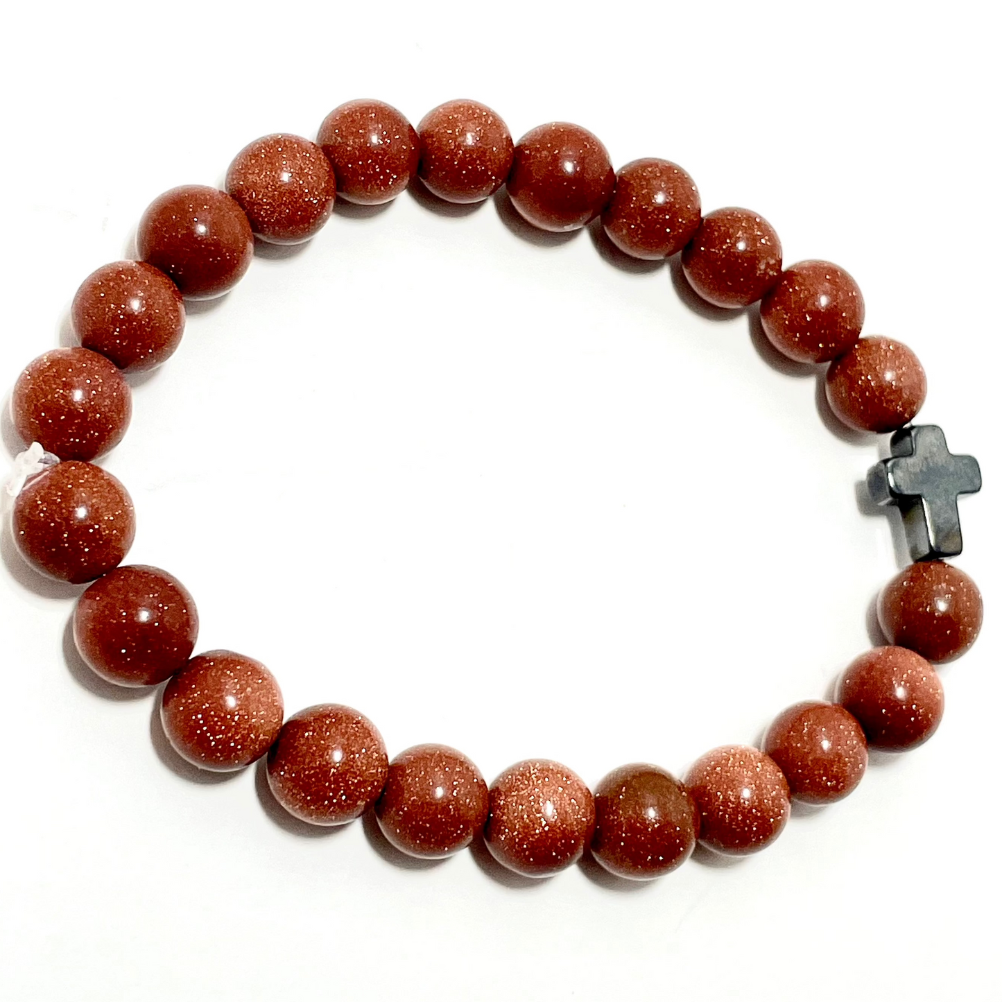 ✝️ Faithfully Rooted: 8mm Goldstone Bracelet with Hematite Cross