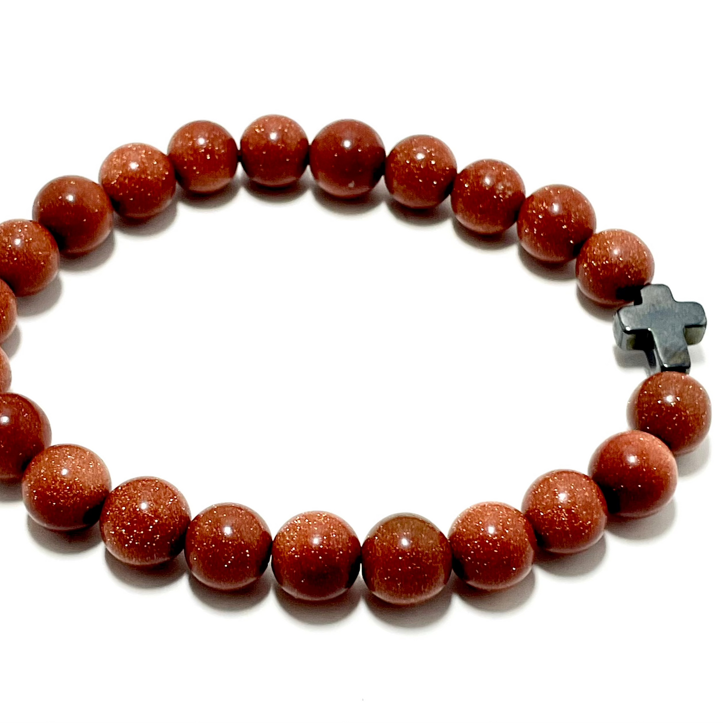 ✝️ Faithfully Rooted: 8mm Goldstone Bracelet with Hematite Cross