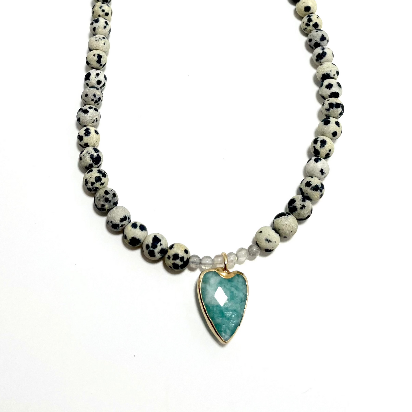 15" Dalmatian Jasper & Labradorite Choker – Aquamarine Heart Pendant