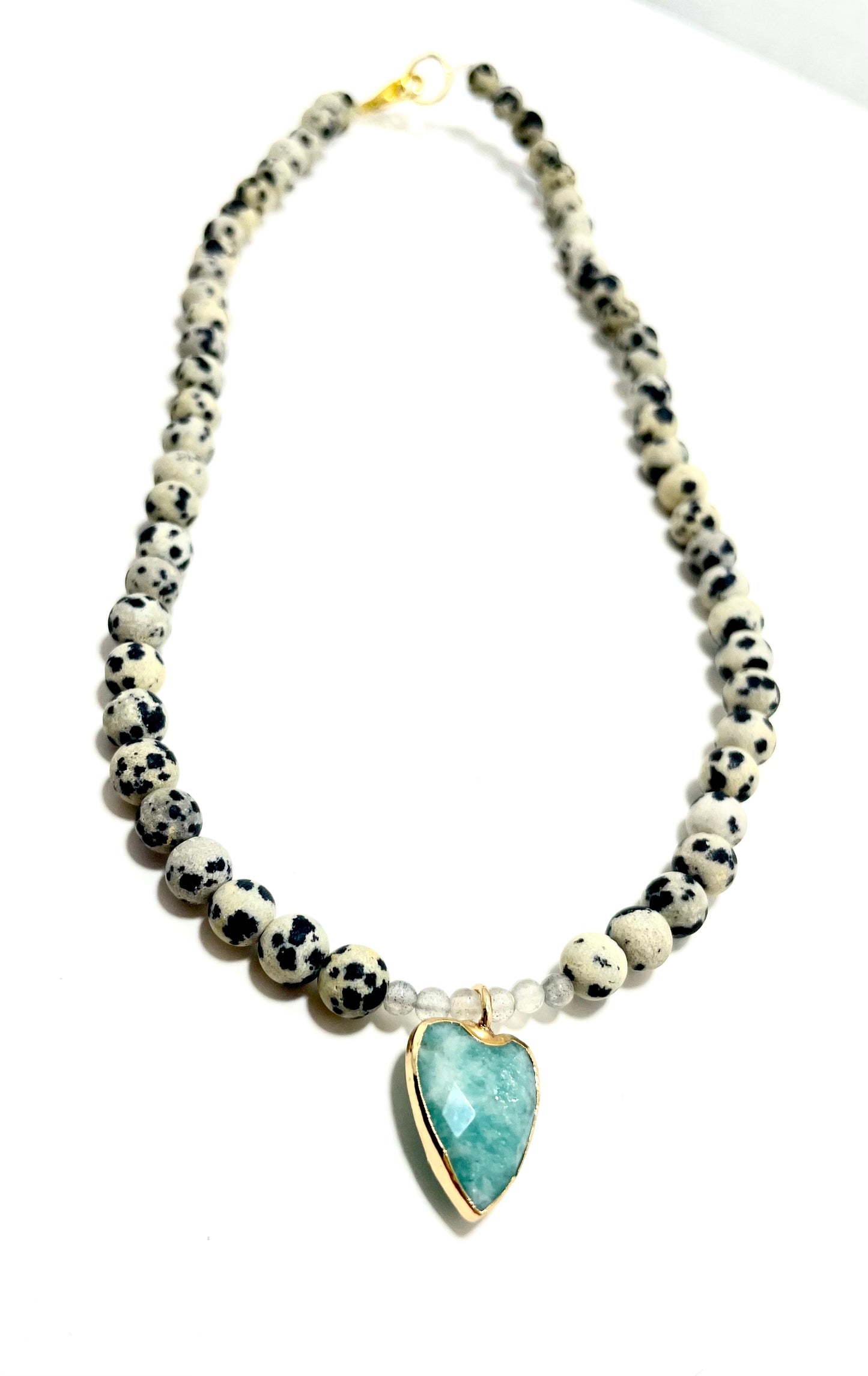 15" Dalmatian Jasper & Labradorite Choker – Aquamarine Heart Pendant
