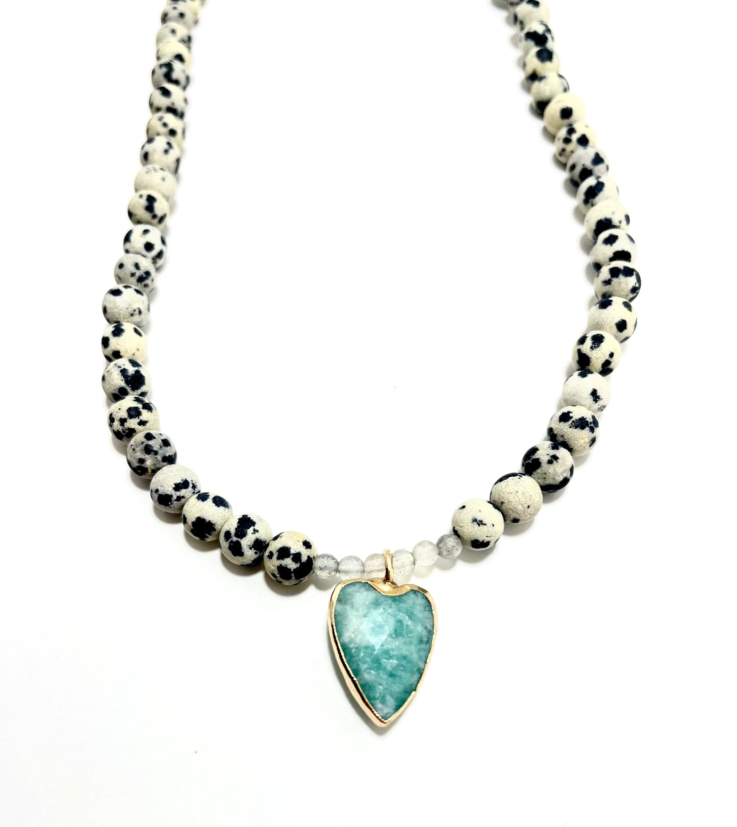 15" Dalmatian Jasper & Labradorite Choker – Aquamarine Heart Pendant