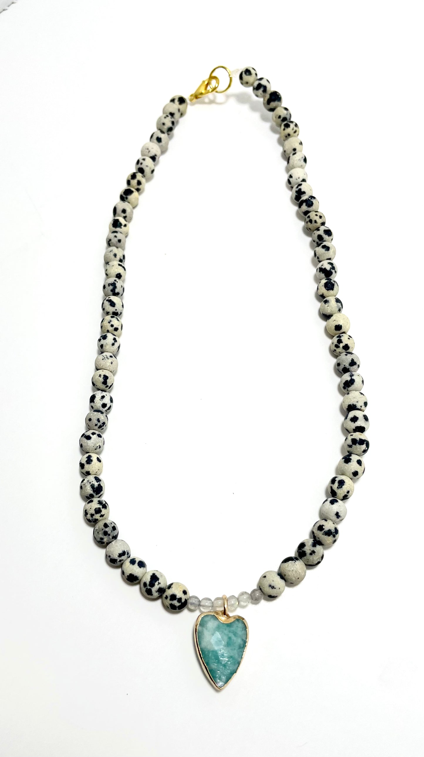 15" Dalmatian Jasper & Labradorite Choker – Aquamarine Heart Pendant