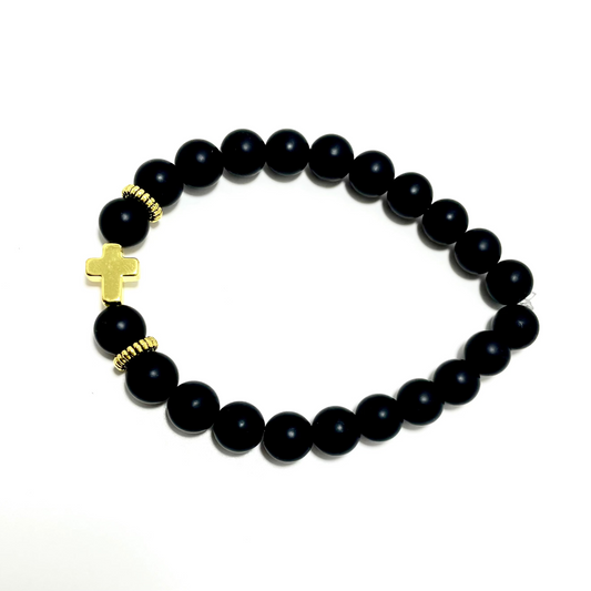 ✝️ Faithfully Rooted: 8mm Matted Onyx & Gold Coated Cross Bracelet