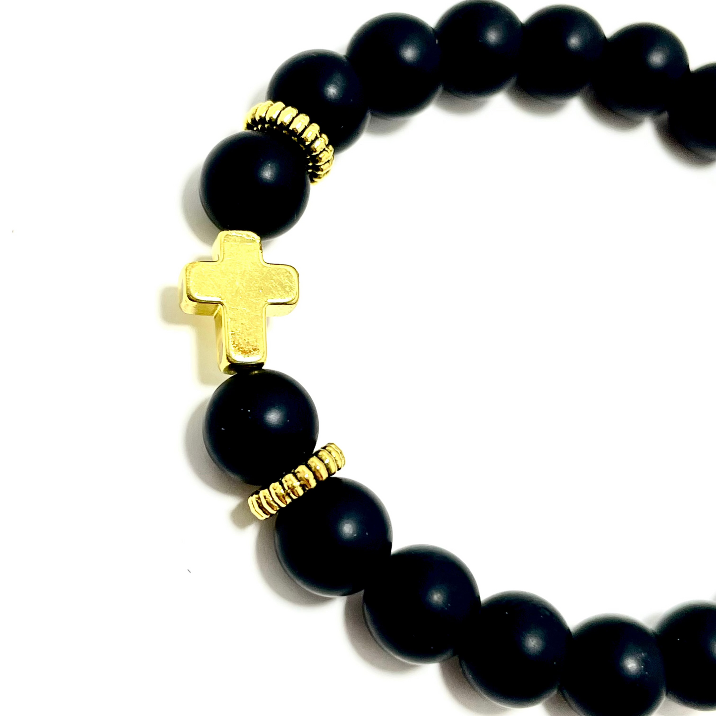 ✝️ Faithfully Rooted: 8mm Matted Onyx & Gold Coated Cross Bracelet