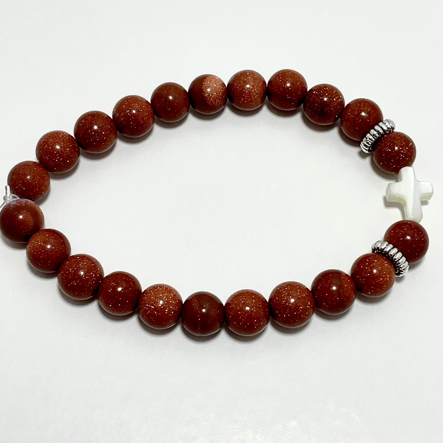 ✝️ Faithfully Rooted: 8mm Goldstone & Shell Cross Bracelet