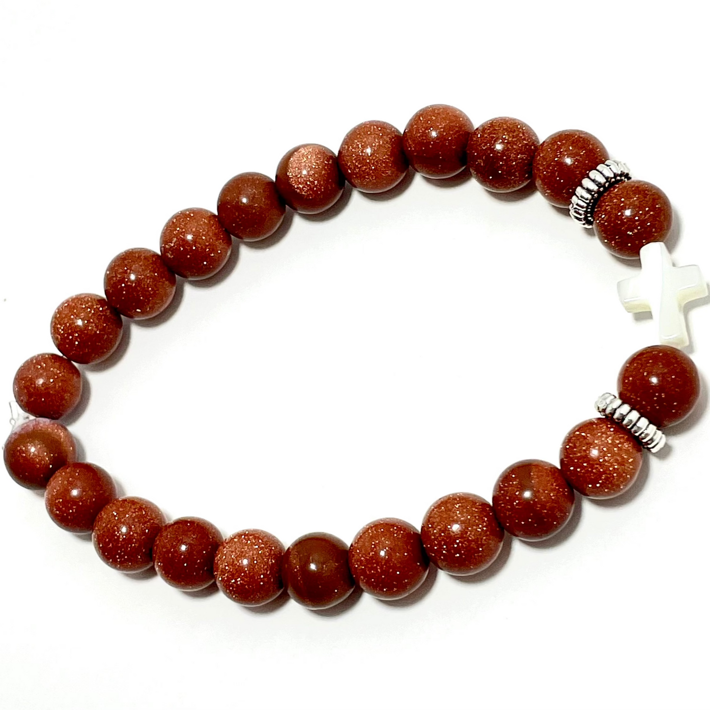 ✝️ Faithfully Rooted: 8mm Goldstone & Shell Cross Bracelet