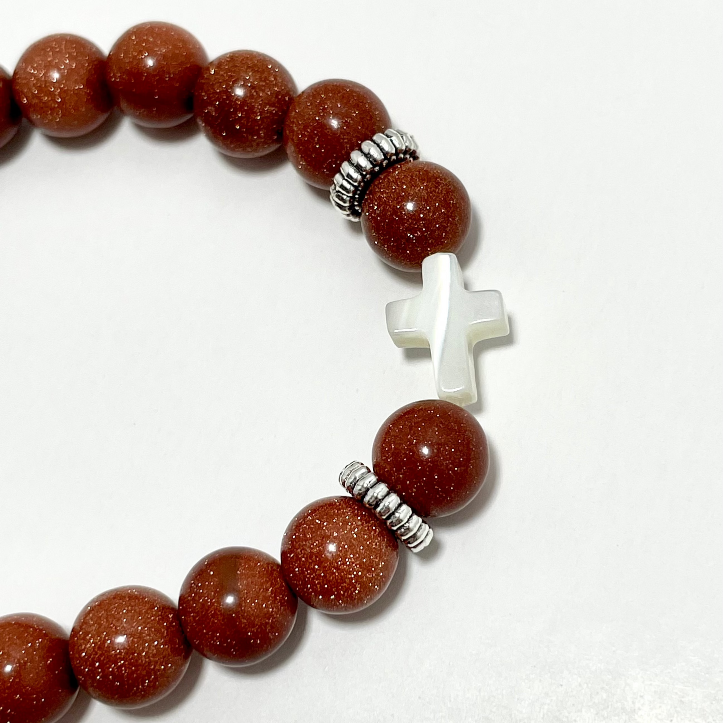 ✝️ Faithfully Rooted: 8mm Goldstone & Shell Cross Bracelet