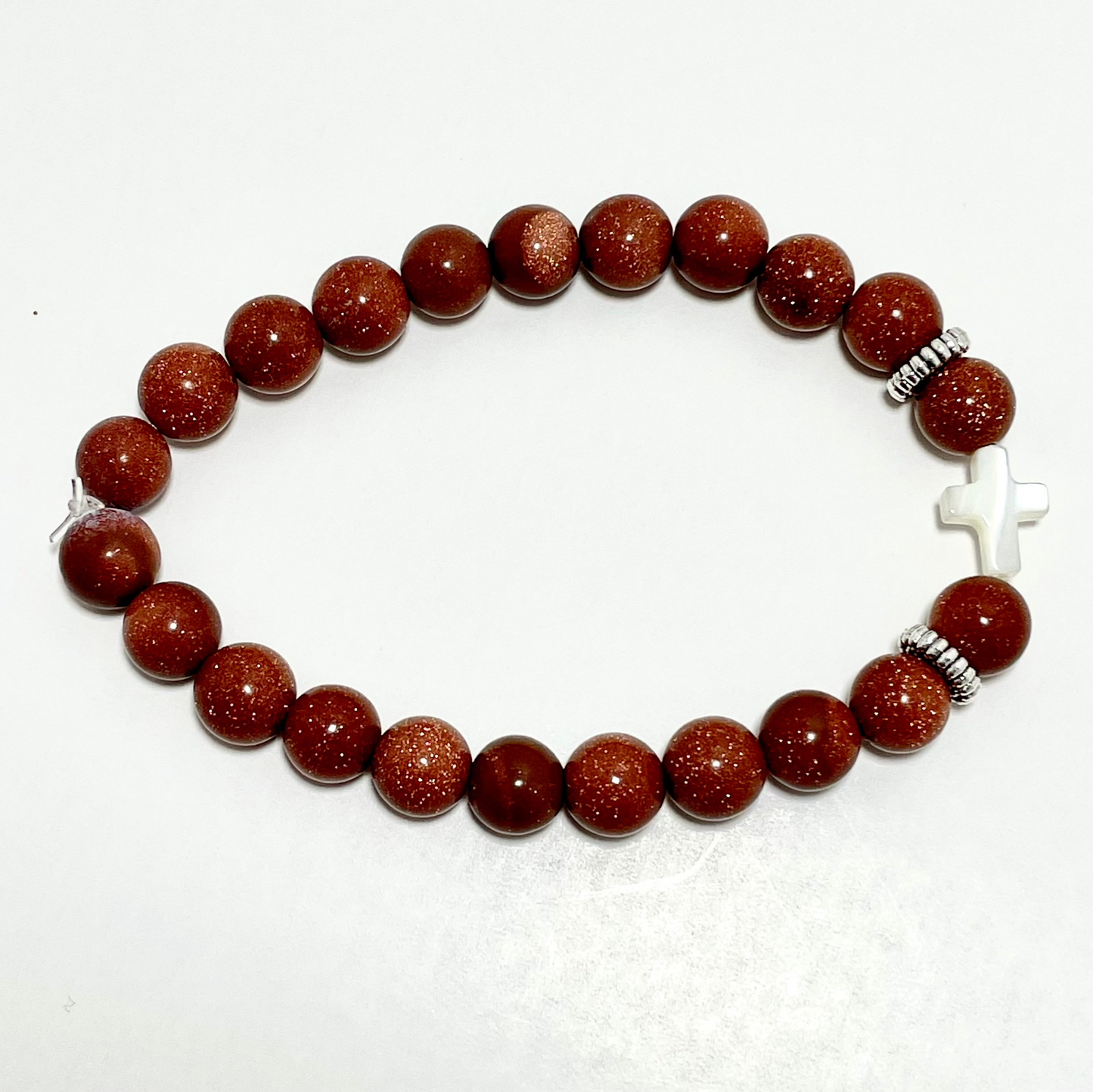 ✝️ Faithfully Rooted: 8mm Goldstone & Shell Cross Bracelet