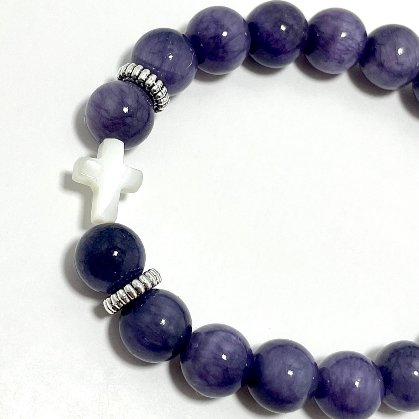 ✝️ Faithfully Rooted: 8mm Angelite & Shell Cross Bracelet