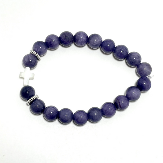 ✝️ Faithfully Rooted: 8mm Angelite & Shell Cross Bracelet