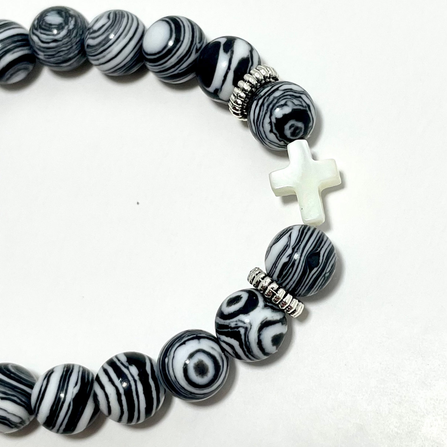 ✝️ Faithfully Rooted: 8mm White Malachite & Shell Cross Bracelet