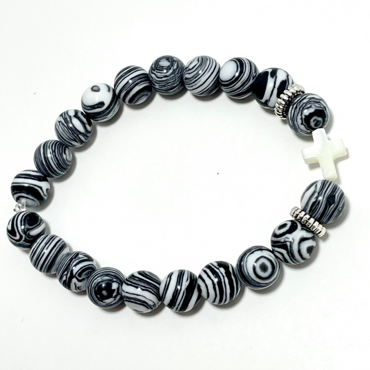 ✝️ Faithfully Rooted: 8mm White Malachite & Shell Cross Bracelet