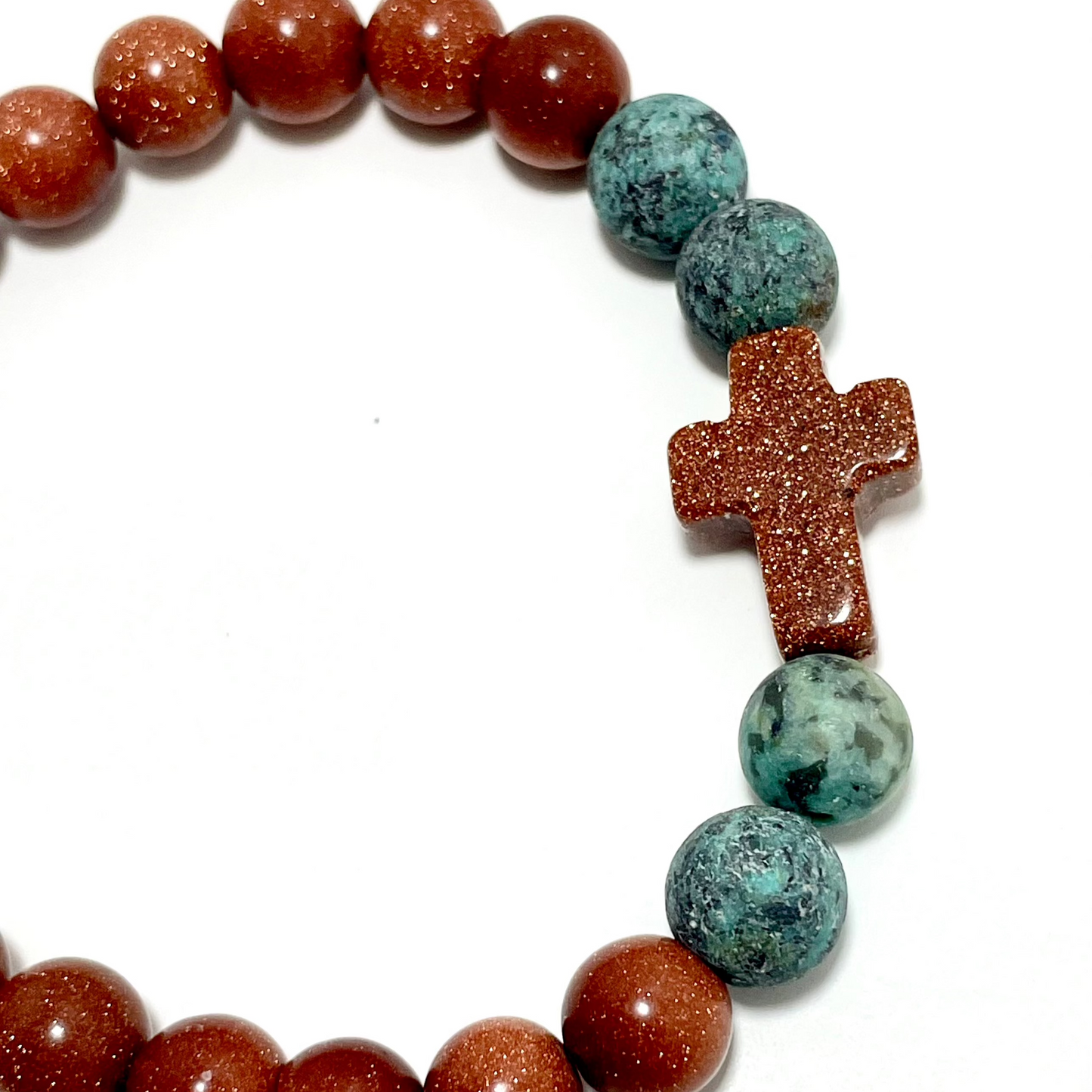 ✝️ Faithfully Rooted: 8mm Red Goldstone & Matted African Turquoise Cross Bracelet