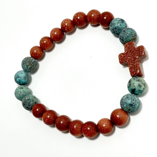 ✝️ Faithfully Rooted: 8mm Red Goldstone & Matted African Turquoise Cross Bracelet