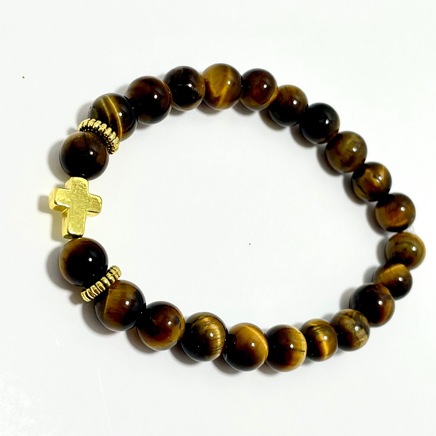 ✝️ Faithfully Rooted: 8mm Stretchy Tiger’s Eye Cross Bracelet