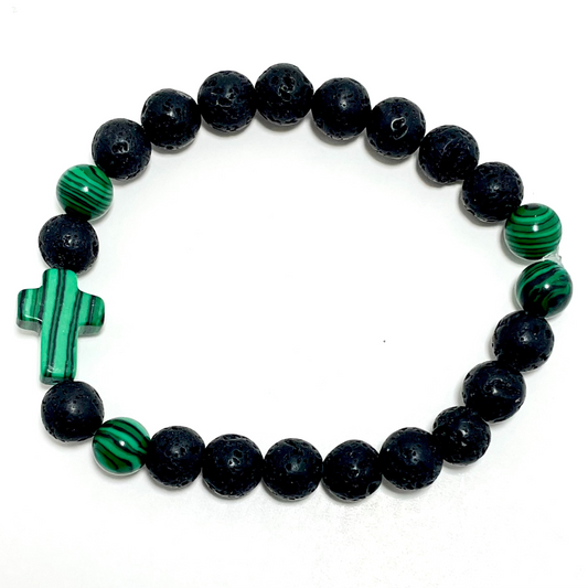 ✝️ Faithfully Rooted: 8mm Lava Stone & Malachite Diffuser Cross Bracelet